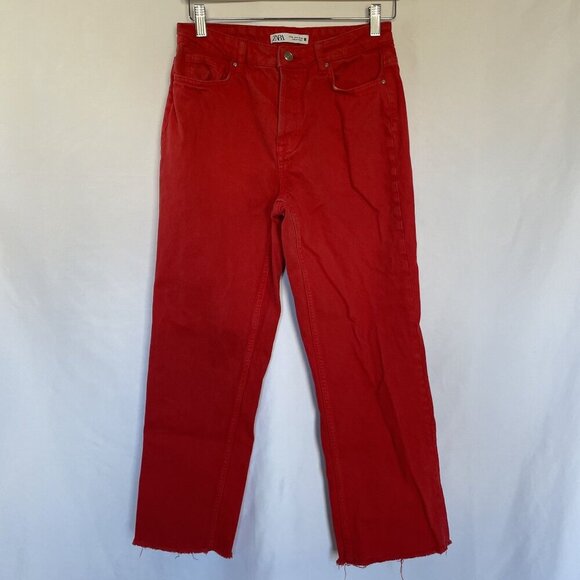 Zara denim bright red jeans statement bold women's size 6 pockets casual paris - Picture 1 of 6